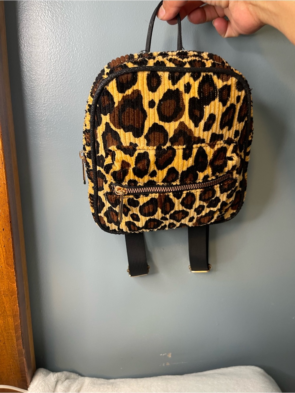 Others Follow Leopard-Print Corduroy Mini Backpack in Brown & Black